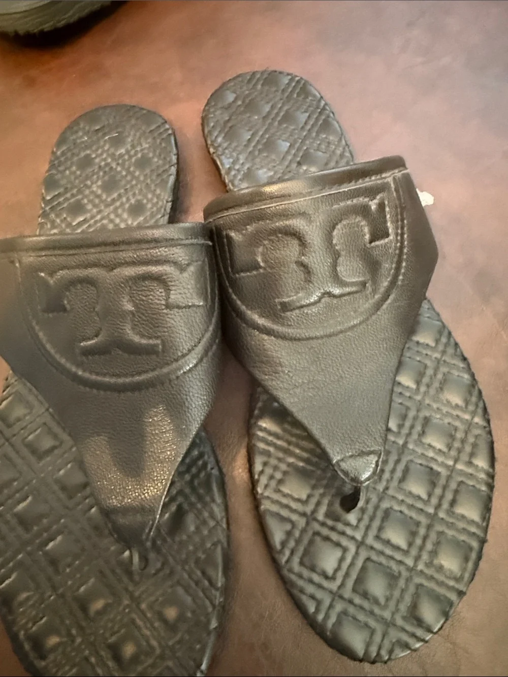 Black Tory Burch Leather Logo Thong Sandals